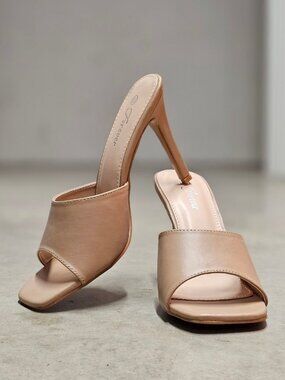 Open Toe Nude Stiletto Heels Faux Leather Slip-On Sandals Square-Toe Design Wome